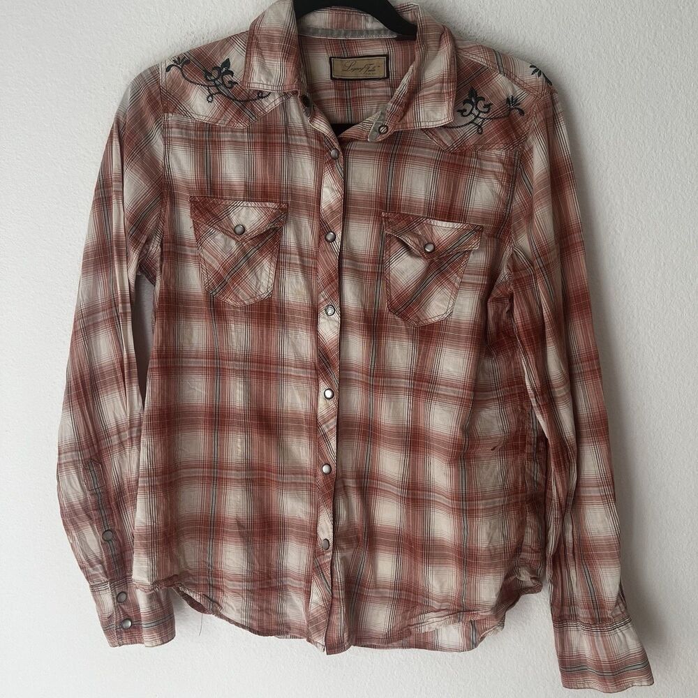 Legacy Falls for Her Womans M Red Plaid Long Sleeve Pearl Snap Westen Shirt